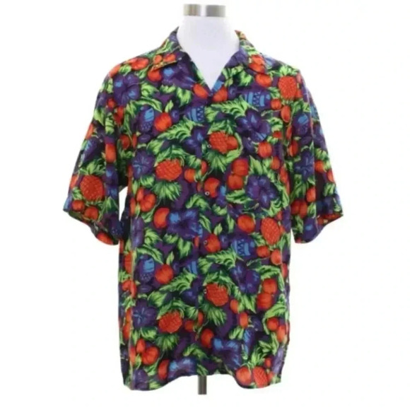 Vtg Men GAP black Purple Orange Floral Fruit S/s Button Hawaiian Shirt Medium - Picture 1 of 5